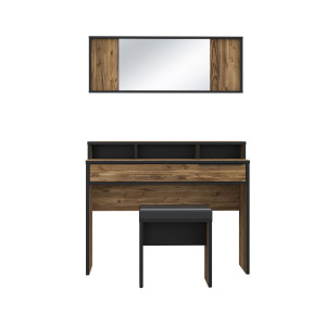 Coiffeuse décor bois épicéa et noir mat 1 miroir 1 table 2 tiroirs 3 niches 1 banc rembourré - CELIA