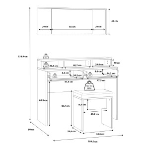 Coiffeuse décor bois épicéa et noir mat 1 miroir 1 table 2 tiroirs 3 niches 1 banc rembourré - CELIA