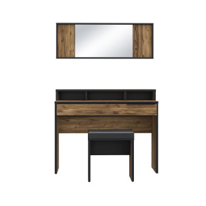 Coiffeuse décor bois épicéa et noir mat 1 miroir 1 table 2 tiroirs 3 niches 1 banc rembourré - CELIA