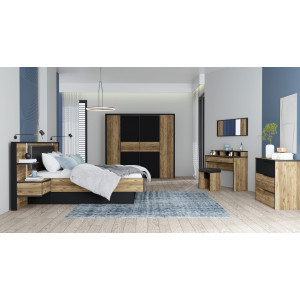 Coiffeuse décor bois épicéa et noir mat 1 miroir 1 table 2 tiroirs 3 niches 1 banc rembourré - CELIA