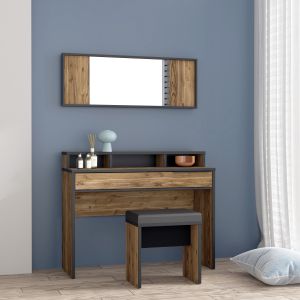 Coiffeuse décor bois épicéa miroir rangements et banc - CELIA