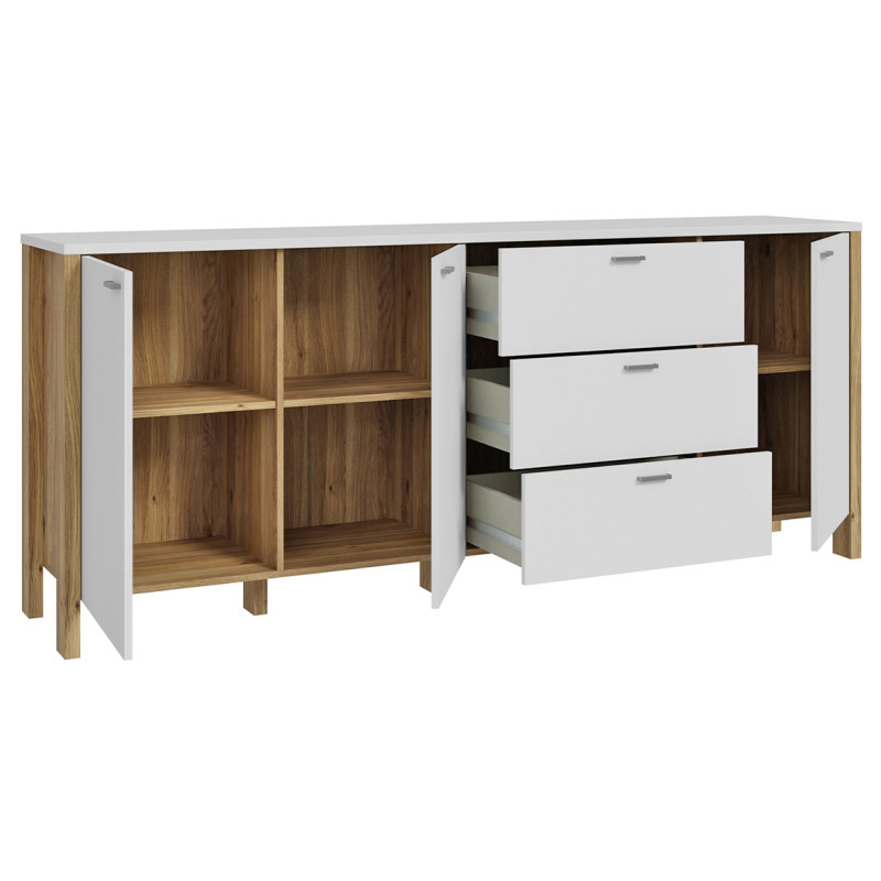 Buffet L. 208 cm 3 Portes 3 Tiroirs Décor Gris Clair et Chêne - DEVONNE