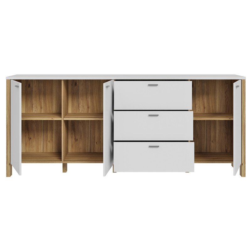 Buffet L. 208 cm 3 Portes 3 Tiroirs Décor Gris Clair et Chêne - DEVONNE