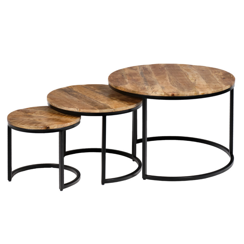 3 Tables Basses Gigognes Rondes modulables en bois de manguier et pieds métal noir - MANHO