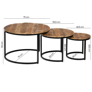 3 Tables Basses Gigognes Rondes modulables en bois de manguier et pieds métal noir - MANHO