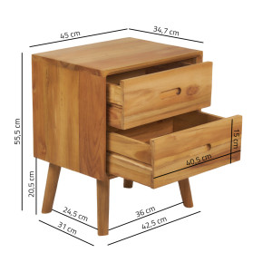 Table de chevet / table d'appoint H. 55 cm 2 tiroirs et pieds évasés en bois de teck naturel - COMÈTE