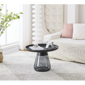 Table d'Appoint H. 42 cm en Verre Trempé Noir Fumé avec Plateau en Métal Noir - Moderne et Minimaliste - SHURI