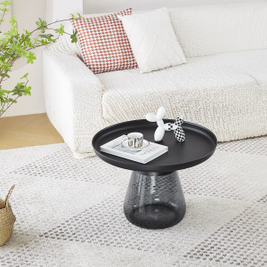 Table d'Appoint H. 42 cm en Verre Trempé Noir Fumé avec Plateau en Métal Noir - Moderne et Minimaliste - SHURI