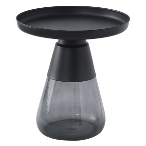 Table d'Appoint H. 53 cm en Verre Trempé Noir Fumé avec Plateau en Métal Noir - Moderne et Minimaliste - SHURI