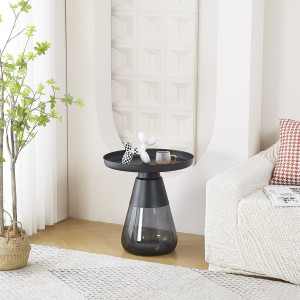 Table d'Appoint H. 53 cm en Verre Trempé Noir Fumé avec Plateau en Métal Noir - Moderne et Minimaliste - SHURI