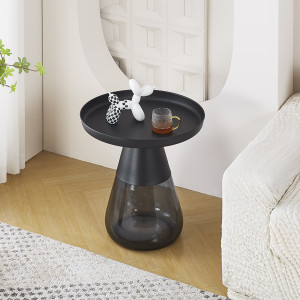 Table d'Appoint H. 53 cm en Verre Trempé Noir Fumé avec Plateau en Métal Noir - Moderne et Minimaliste - SHURI