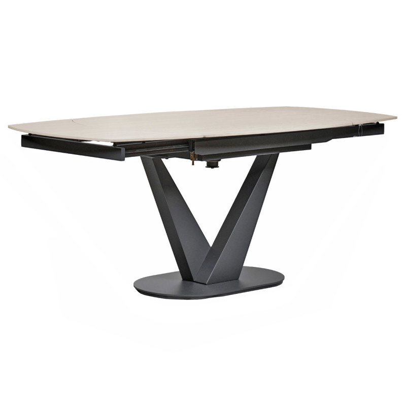 Table de Repas 120 à 180 x 90 cm Plateau Céramique Effet Bois Clair Pied Central Métal Gris - MARSHALL