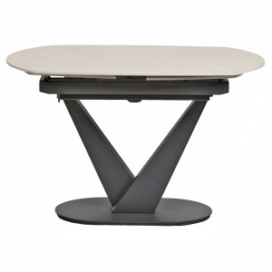 Table de Repas 120 à 180 x 90 cm Plateau Céramique Effet Bois Clair Pied Central Métal Gris - MARSHALL