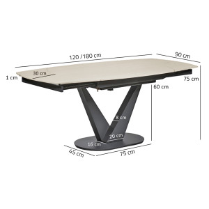 Table de Repas 120 à 180 x 90 cm Plateau Céramique Effet Bois Clair Pied Central Métal Gris - MARSHALL