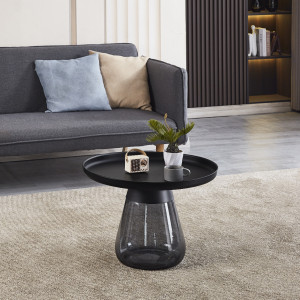 Table d'Appoint H. 42 cm en Verre Trempé Noir Fumé avec Plateau en Métal Noir - Moderne et Minimaliste - SHURI