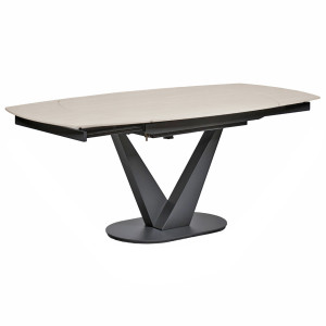 Table de Repas 120 à 180 x 90 cm Plateau Céramique Effet Bois Clair Pied Central Métal Gris - MARSHALL