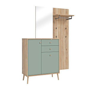 Meuble d’entrée 1 miroir 2 tiroirs 2 placards 4 étagères 1 tringle 4 crochets décor bois de chêne et vert sauge – CEDAR