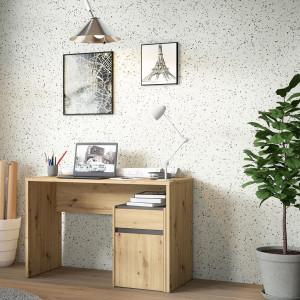 Bureau L. 110 cm avec caisson amovible 1 porte 1 tablette 1 tiroir décor bois chêne rustique et gris foncé mat - ODYSSÉE