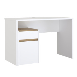Bureau L. 110 cm avec caisson amovible 1 porte 1 tablette 1 tiroir blanc mat et décor bois de chêne - ODYSSÉE