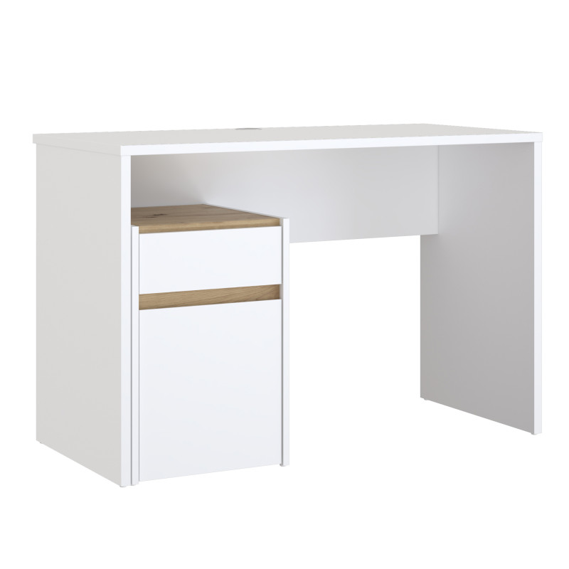 Bureau L. 110 cm avec caisson amovible 1 porte 1 tablette 1 tiroir blanc mat et décor bois de chêne - ODYSSÉE