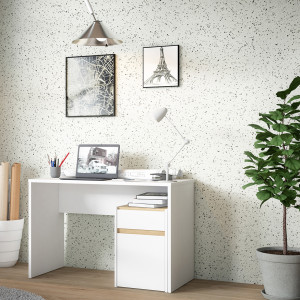 Bureau L. 110 cm avec caisson amovible 1 porte 1 tablette 1 tiroir blanc mat et décor bois de chêne - ODYSSÉE