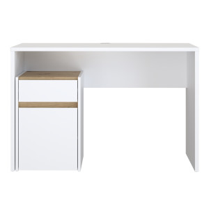 Bureau L. 110 cm avec caisson amovible 1 porte 1 tablette 1 tiroir blanc mat et décor bois de chêne - ODYSSÉE