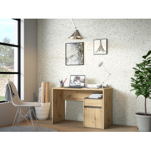 Bureau L. 110 cm avec caisson amovible 1 porte 1 tablette 1 tiroir décor bois chêne rustique et gris foncé mat - ODYSSÉE