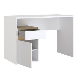 Bureau L. 110 cm avec caisson amovible 1 porte 1 tablette 1 tiroir blanc mat et décor bois de chêne - ODYSSÉE