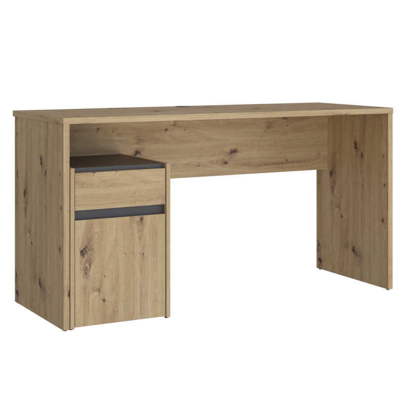 Bureau L. 140 cm avec caisson amovible 1 porte 1 tablette 1 tiroir décor bois chêne rustique et gris foncé mat -ODYSSÉE