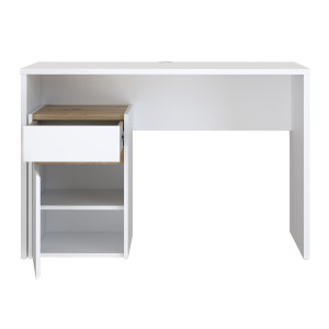 Bureau L. 110 cm avec caisson amovible 1 porte 1 tablette 1 tiroir blanc mat et décor bois de chêne - ODYSSÉE