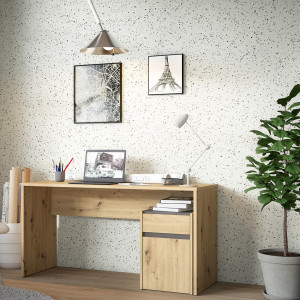 Bureau L. 140 cm avec caisson amovible 1 porte 1 tablette 1 tiroir décor bois chêne rustique et gris foncé mat -ODYSSÉE