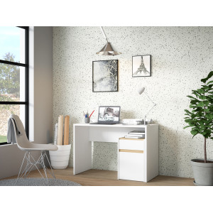 Bureau L. 110 cm avec caisson amovible 1 porte 1 tablette 1 tiroir blanc mat et décor bois de chêne - ODYSSÉE