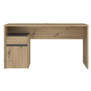 Bureau L. 140 cm avec caisson amovible 1 porte 1 tablette 1 tiroir décor bois chêne rustique et gris foncé mat -ODYSSÉE