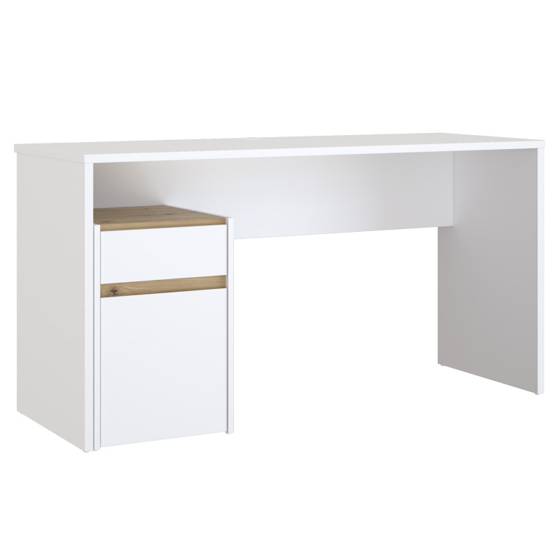 Bureau L. 140 cm avec caisson amovible 1 porte 1 tablette 1 tiroir 1 blanc mat et décor bois de chêne - ODYSSÉE