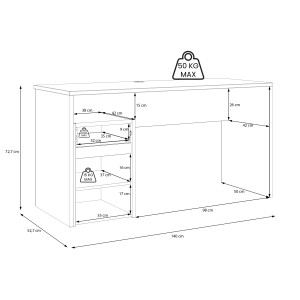 Bureau L. 140 cm avec caisson amovible 1 porte 1 tablette 1 tiroir décor bois chêne rustique et gris foncé mat -ODYSSÉE