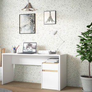 Bureau L. 140 cm avec caisson amovible 1 porte 1 tablette 1 tiroir 1 blanc mat et décor bois de chêne - ODYSSÉE