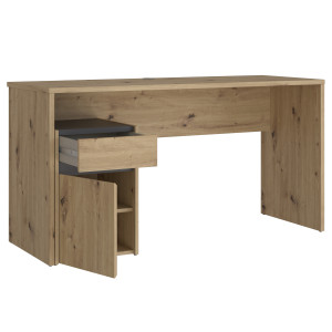 Bureau L. 140 cm avec caisson amovible 1 porte 1 tablette 1 tiroir décor bois chêne rustique et gris foncé mat -ODYSSÉE