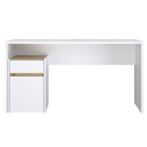 Bureau L. 140 cm avec caisson amovible 1 porte 1 tablette 1 tiroir 1 blanc mat et décor bois de chêne - ODYSSÉE