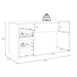 Bureau L. 140 cm avec caisson amovible 1 porte 1 tablette 1 tiroir 1 blanc mat et décor bois de chêne - ODYSSÉE