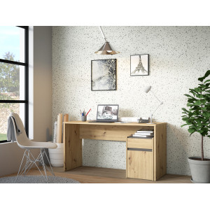 Bureau L. 140 cm avec caisson amovible 1 porte 1 tablette 1 tiroir décor bois chêne rustique et gris foncé mat -ODYSSÉE