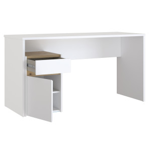 Bureau L. 140 cm avec caisson amovible 1 porte 1 tablette 1 tiroir 1 blanc mat et décor bois de chêne - ODYSSÉE