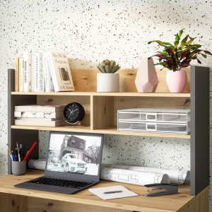 Surmeuble de bureau L. 110 cm rangements 2 niches 1 étagère décor bois de chêne rustique et gris foncé - ODYSSÉE