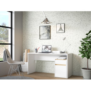 Bureau L. 140 cm avec caisson amovible 1 porte 1 tablette 1 tiroir 1 blanc mat et décor bois de chêne - ODYSSÉE