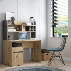 Surmeuble de bureau L. 110 cm rangements 2 niches 1 étagère décor bois de chêne rustique et gris foncé - ODYSSÉE