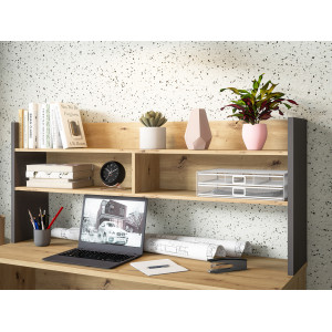 Surmeuble de bureau L. 140 cm rangements 2 niches 1 étagère décor bois de chêne rustique et gris foncé - ODYSSÉE