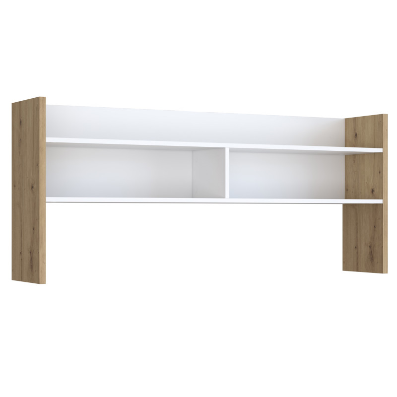 Surmeuble de bureau L. 140 cm rangements 2 niches 1 étagère blanc mat et décor bois de chêne - ODYSSÉE