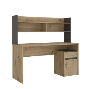 Surmeuble de bureau L. 140 cm rangements 2 niches 1 étagère décor bois de chêne rustique et gris foncé - ODYSSÉE