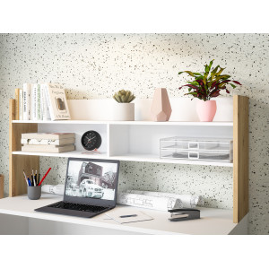 Surmeuble de bureau L. 140 cm rangements 2 niches 1 étagère blanc mat et décor bois de chêne - ODYSSÉE