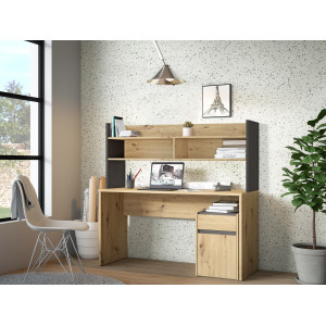 Surmeuble de bureau L. 140 cm rangements 2 niches 1 étagère décor bois de chêne rustique et gris foncé - ODYSSÉE