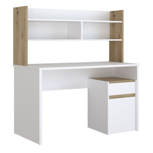 Surmeuble de bureau L. 140 cm rangements 2 niches 1 étagère blanc mat et décor bois de chêne - ODYSSÉE